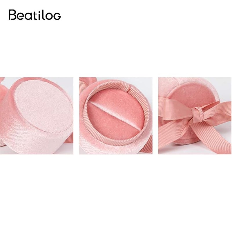 Beatilog Velvet Ring Box - Gorgeous Round Wedding Ring Box with Elegant Ribbon Bow Vintage Jewelry Holder Gift Organizer for Proposal, Engagement, Ceremony, Photography (Pink Small) - Image 3